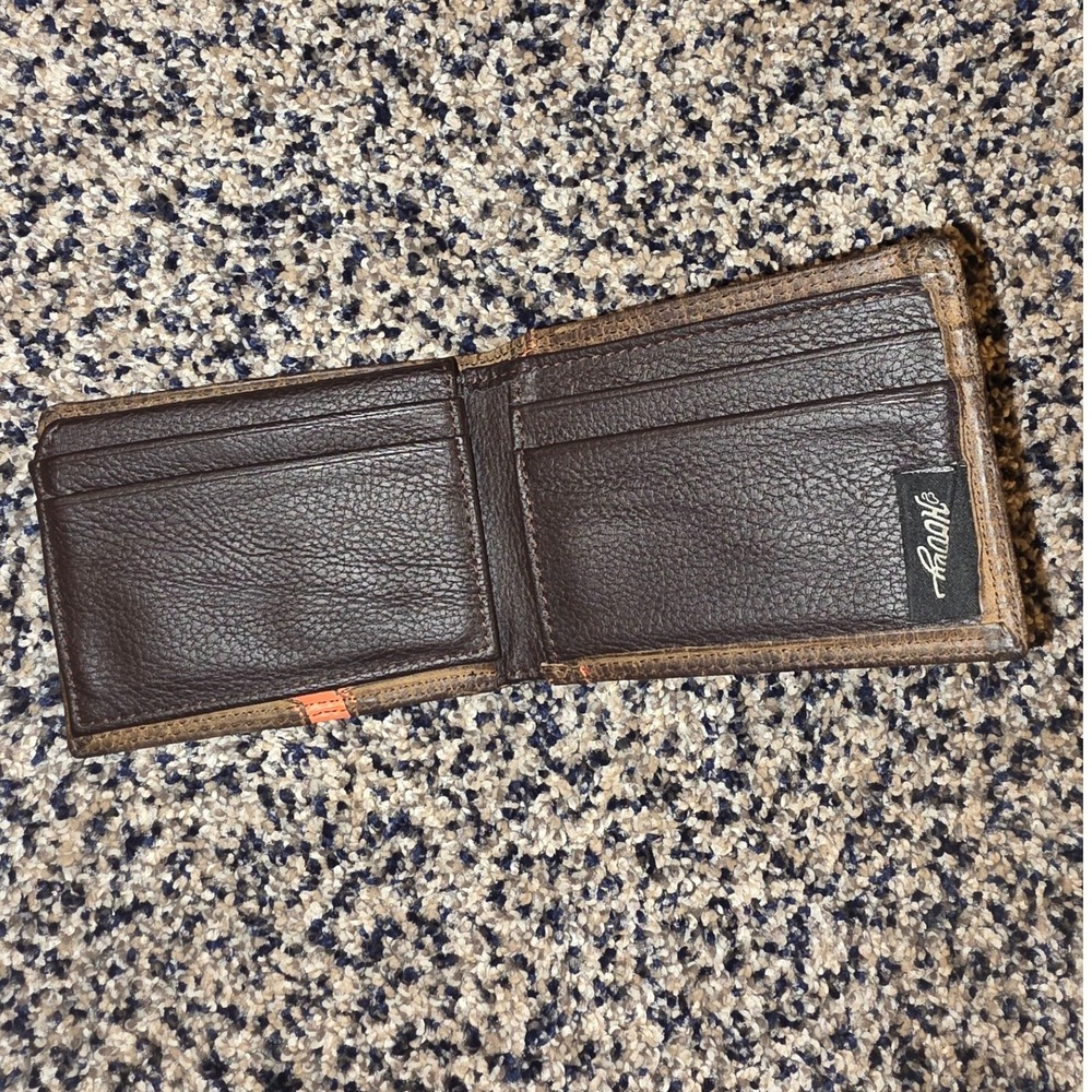 Hooey Men's Distressed Leather Bifold Wallet - Brown & Bright Orange Logo - Picture 2 of 6